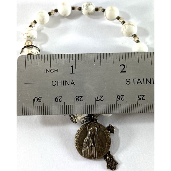 Rosary Bracelet w/ Crucifix & Notre Dame de Fatima Medal – White Bead Stretch - Picture 3 of 5